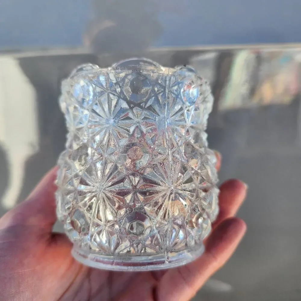 Small floral etched glass clear vase container Victorian vintage